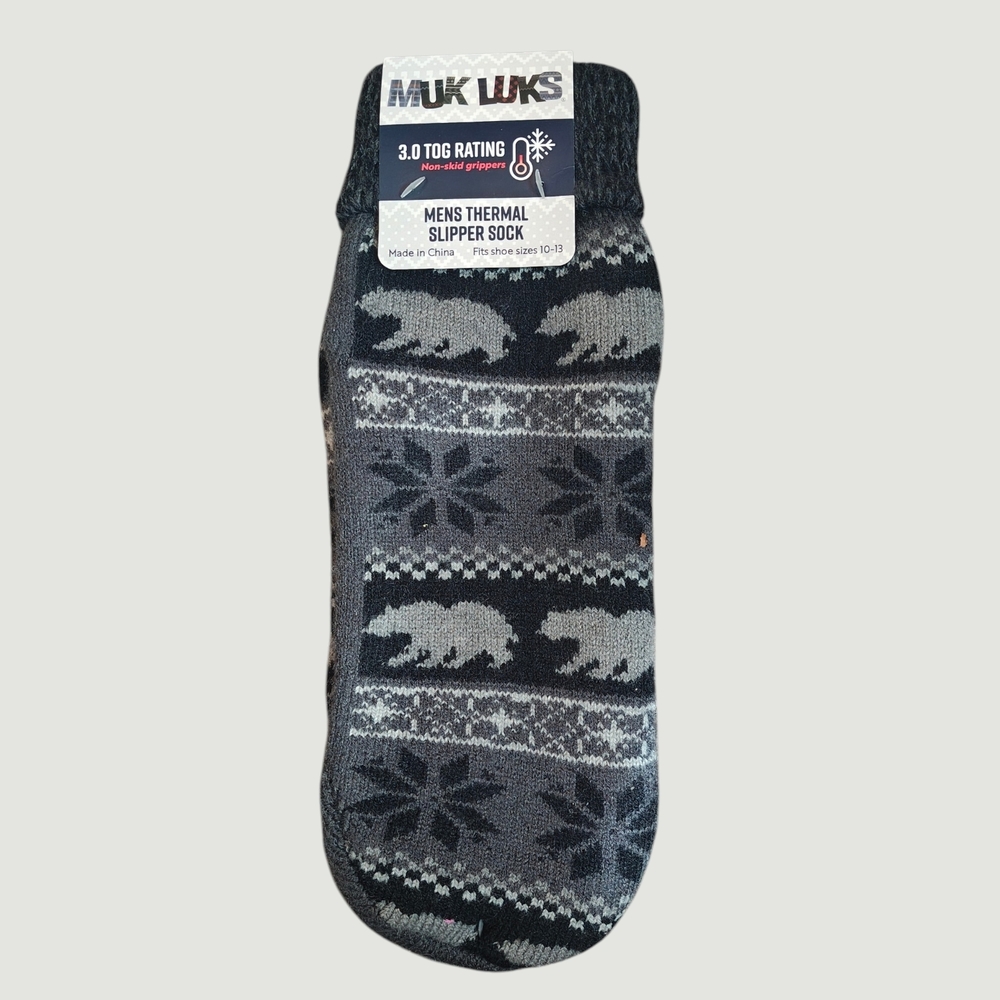 Muk Luks Men's Thermal Slipper Socks - Black and Gray Pattern